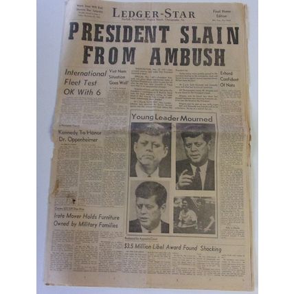 PRESIDENT SLAIN FROM AMBUSH Ledger-Star newspaper November 22,1963