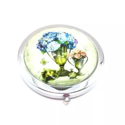 Floral Compat Mirror Silverl Coloured Rim Blue Hydrangea Gift Beauty Ladies
