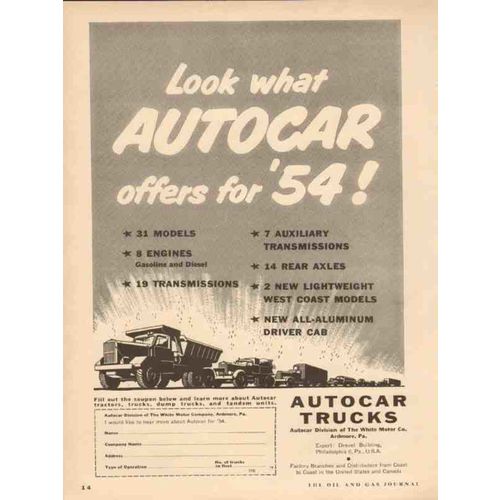 WHITE MOTOR COMPANY 1954 look what Autocar Trucks offer vintage ad