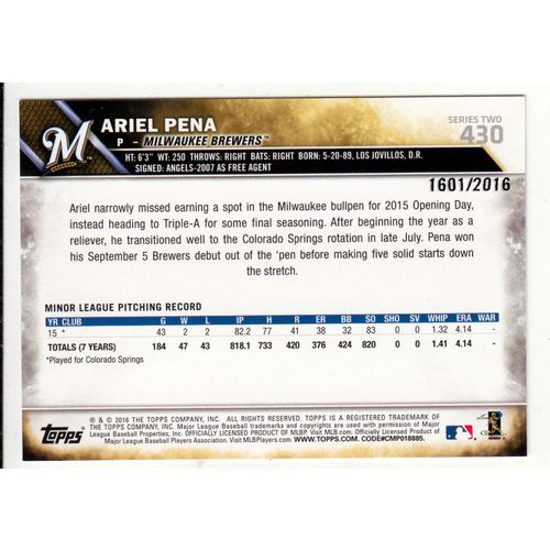 2016 Topps Gold Ariel Pena Rookie Card RC 430 - Brewers