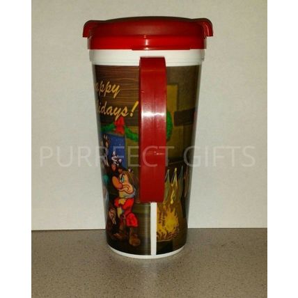 DISNEYLAND HAPPY HOLIDAY CHRISTMAS THEMED TRAVEL MUG CUP W LID~NEW~SNOW WHITE
