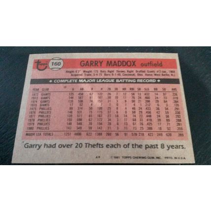 1981 Topps Card # 160 Gary Maddox Very Good-Excellent (4) Philadelphia Phillies