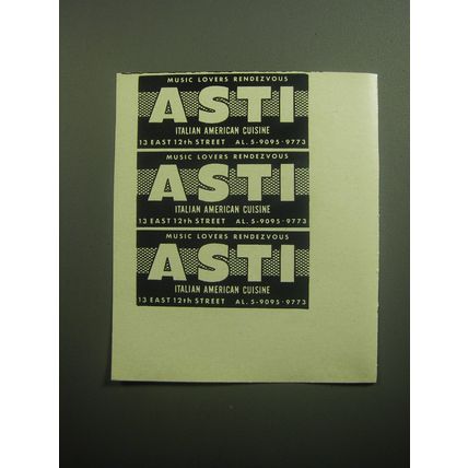 1958 Asti Restaurant Ad - Music Lovers Rendezvous