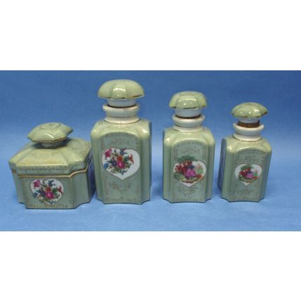 Vintage Green Porcelain Vanity Dresser 4 Pc Set Hand Painted Flowers Man Woman