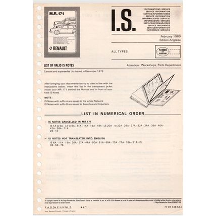 Renault MR171 Service Bulletins 1978 To 1981 PDF
