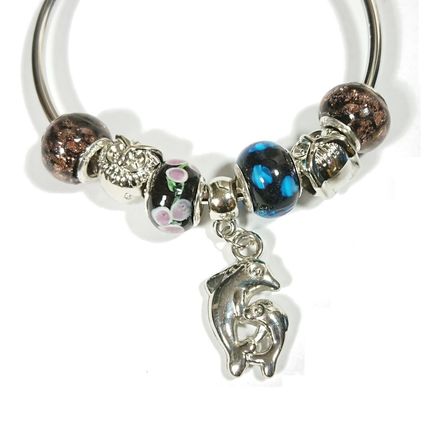Silver Bracelet Bangle - Dolphin Owl Cat Charm Black Orange Green Blue Beads