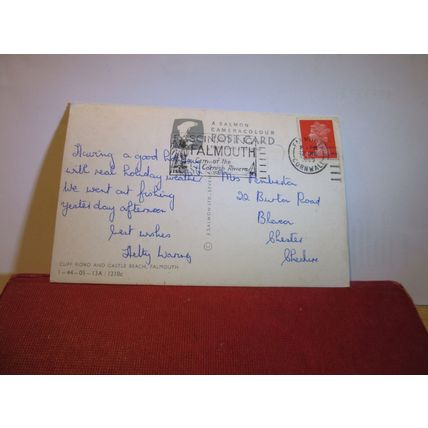 CLIFF ROAD & CASTLE BEACH, FALMOUTH used postcard by J. Salmon 1969 pm =
