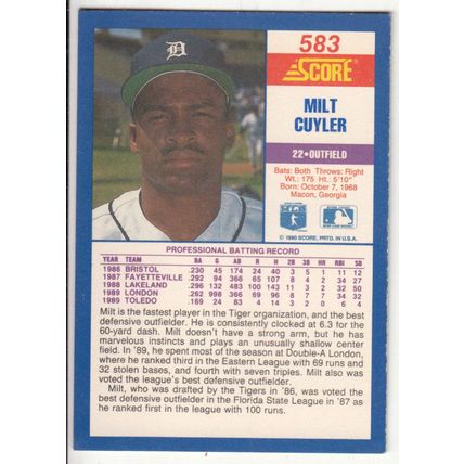 1990 Score Milt Cuyler rookie RC baseball card #583 – Error variation