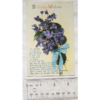 1913 postcard Birthday Wishes - purple flowers