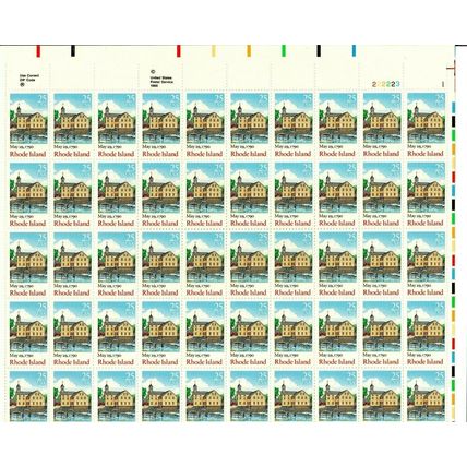 Rhode Island Statehood Sheet of Fifty 25 Cent Postage Stamps Scott 2348
