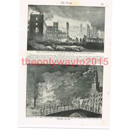 Disasters, Parliament Fire UK 1834 & Explosion Leyden 1807, Bk Illustration 1895
