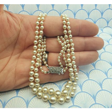 Vintage 1950s Double Strand Glass Pearl Bead Necklace with Sterling Silver Clasp