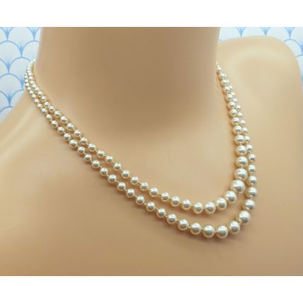 Vintage 1950s Double Strand Glass Pearl Bead Necklace with Sterling Silver Clasp