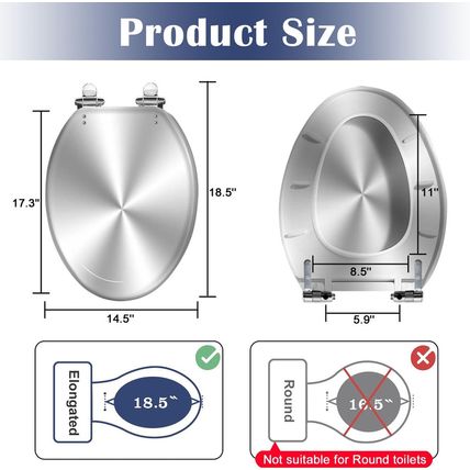 Elongated Toilet Seat Silver Resin Slow Quiet Close with Quick-Release Hinges Ea