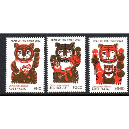 CHRISTMAS ISLAND: 2022 YEAR OF THE TIGER, MINT NEVER HINGED SET OF 3 STAMPS.