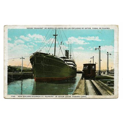 Postcard Panama Canal Gatun Locks New Zealand ship Ruahine mule posted 1912