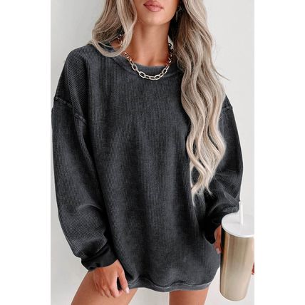 Black Solid Ribbed Knit Round Neck Pullover Sweatshirt