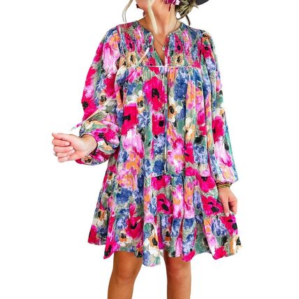 Multicolour Floral Tie Neck Bubble Sleeve Shift Dress