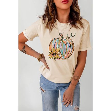 Khaki Pumpkin with Flower Graphic T Shirt