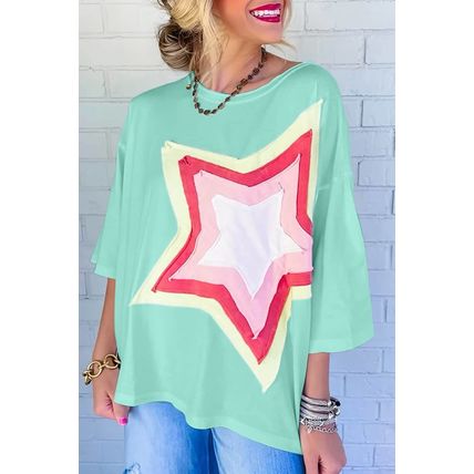 Moonlight Jade Colorblock Star Patched Half Sleeve Oversized Tee