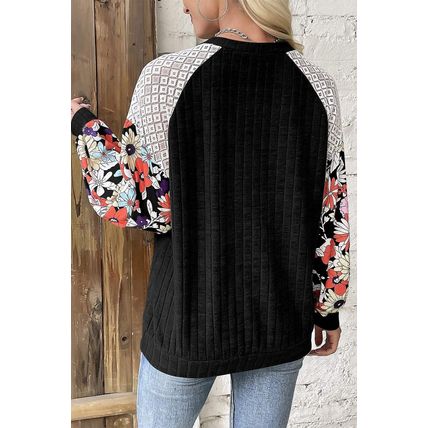 Black Floral Patchwork Long Sleeve Ribbed Blouse