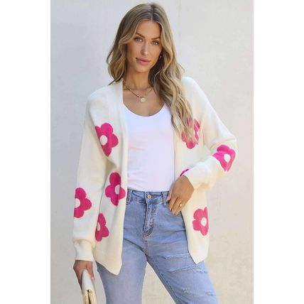 Rose Red Flower Pattern Open Front Cardigan