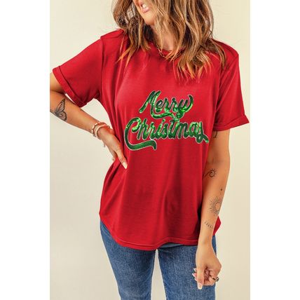 Red Merry Christmas Graphic Crewneck T Shirt