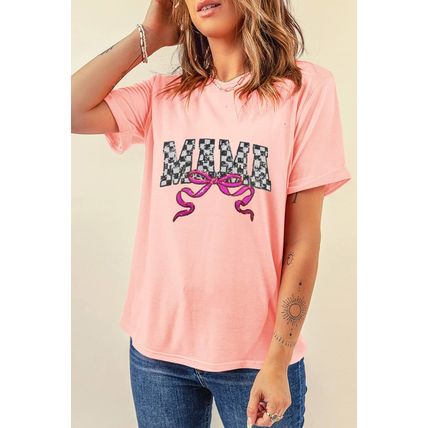 Pink Sequin Checkered MAMA Bow Graphic T Shirt