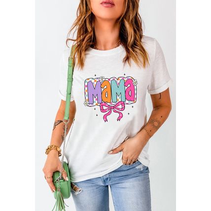 White Cute MaMa Bow Graphic Crewneck T Shirt