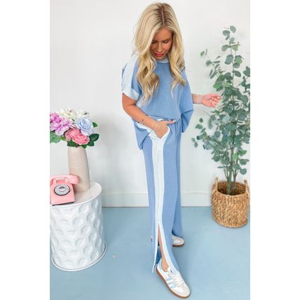Sky Blue 2-tone Colorblock Patchwork Corded 2pcs Outfit