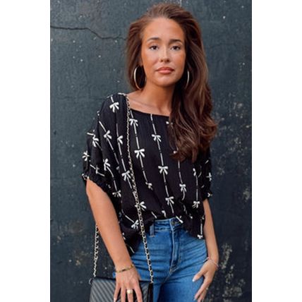 Black Bow Print Puff Short Sleeve Top