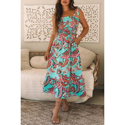 Green Abstract Print Smocked Bodice Knotted Straps Ruffled Maxi Dress