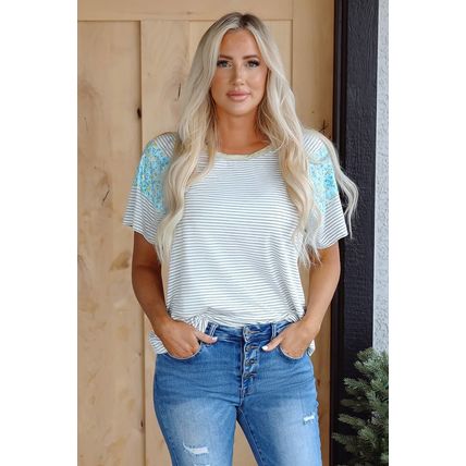 White Stripe Floral Insert Sleeves Contrast Round Neck Tee