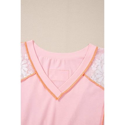 Light Pink Lace Patchwork Exposed Seam V Neck T Shirt