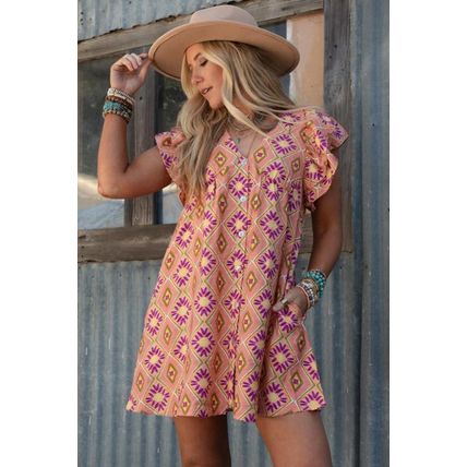Orange Geometric Floral V Neck Buttoned Ruffled Sleeve Mini Dress