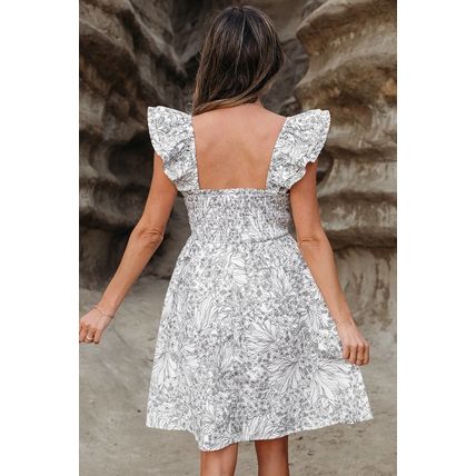 White Floral Print Pipping Trim Flutter Sleeve Mini Dress
