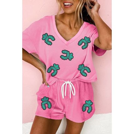 Bonbon Sequin Turquoise Patched V Neck Tee Drawstring Shorts 2pcs Outfit