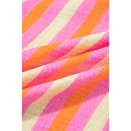 Pink Stripe Crinkled Half Buttons V Neck Plus Size Blouse