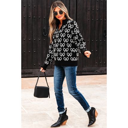 Black Cute Bow Pattern Drop Shoulder Zipped Collar Sweater