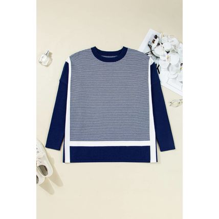 Blue Stripe Color Block Patchwork Dolman Oversize Tunic Sweater