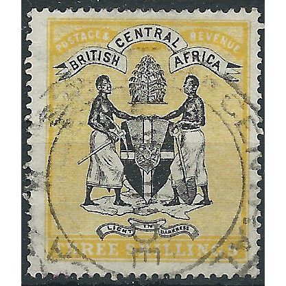 Nyasaland 1895 SG27 3/- Black & Yellow Wmk Crown CC Fine Used ..