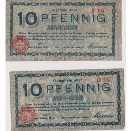 Germany 1918 10 Pfennigs notes x 2