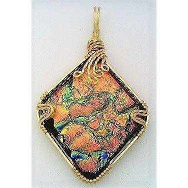 Orange Green Dichroic Glass Brass Wire Wrap Pendant 2