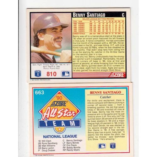 Two 1991 Score Benito Santiago cards #810, All Star #663 - Padres