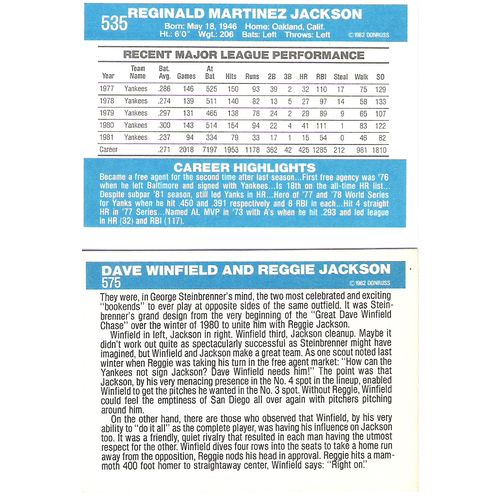 Two 1982 Donruss Reggie Jackson baseball cards 535, 575 - NM – Yankees