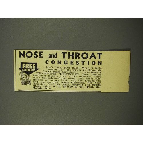 1944 F.J. Cheney Hall's Expectorant & Nasal Ointment Ad