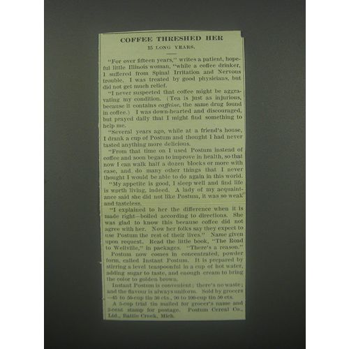 1913 Postum Drink Ad - Coffee Threshed her