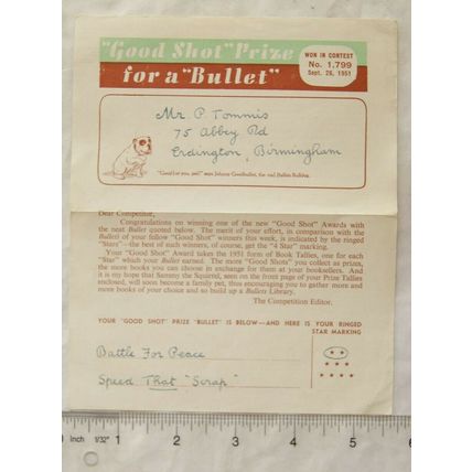 1951 award letter Good Shot Prize for a Bullet No. 1,799, Bullets Bulldog