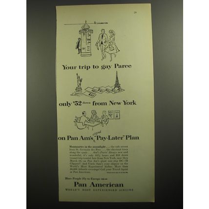 1956 Pan American Airlines Ad - Your trip to gay Paree only $52