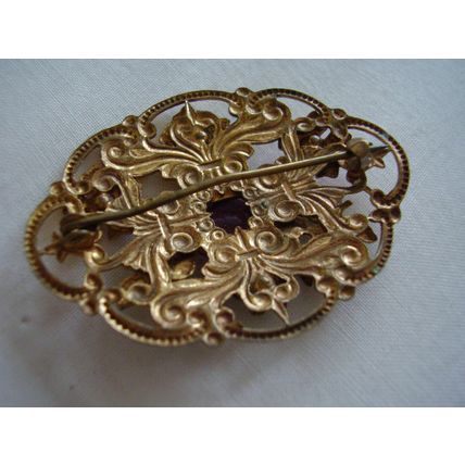 Vintage Brooch Large Czech Filigree Enamel Purple Faceted Bohemian Glass Stone
